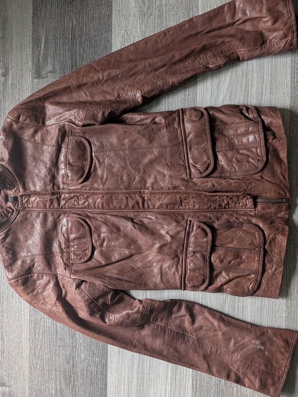 GAP Women's Brown Leather Jacket with Front Patch Pockets